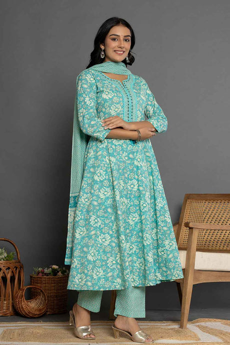 Turquoise Floral Print Mirror Workÿ Pure Cotton Kurti Set