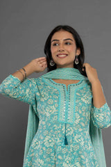 Turquoise Floral Print Mirror Workÿ Pure Cotton Kurta Set