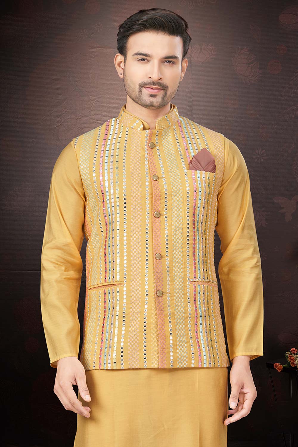 Yellow Silk Mirror And Embroidered 3 Pcs Jacket Set