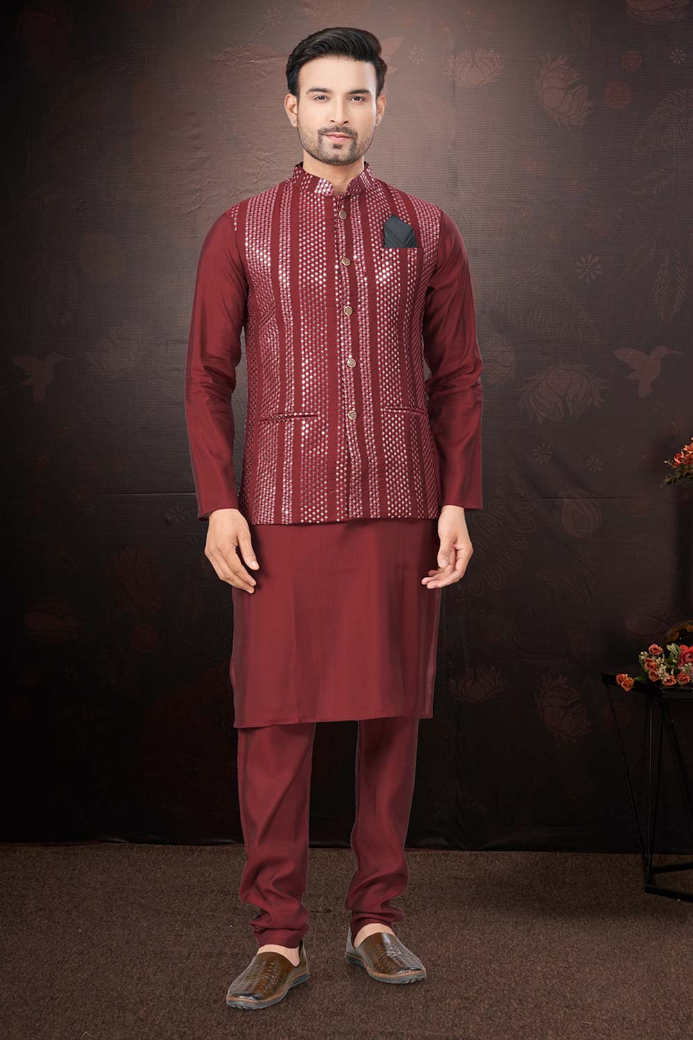 Maroon Silk Mirror And Embroidered 3 Pcs Jacket Set