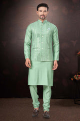 Teal Green Silk Mirror And Embroidered 3 Pcs Jacket Set