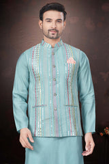 Sky Blue Silk Mirror And Embroidered 3 Pcs Jacket Set