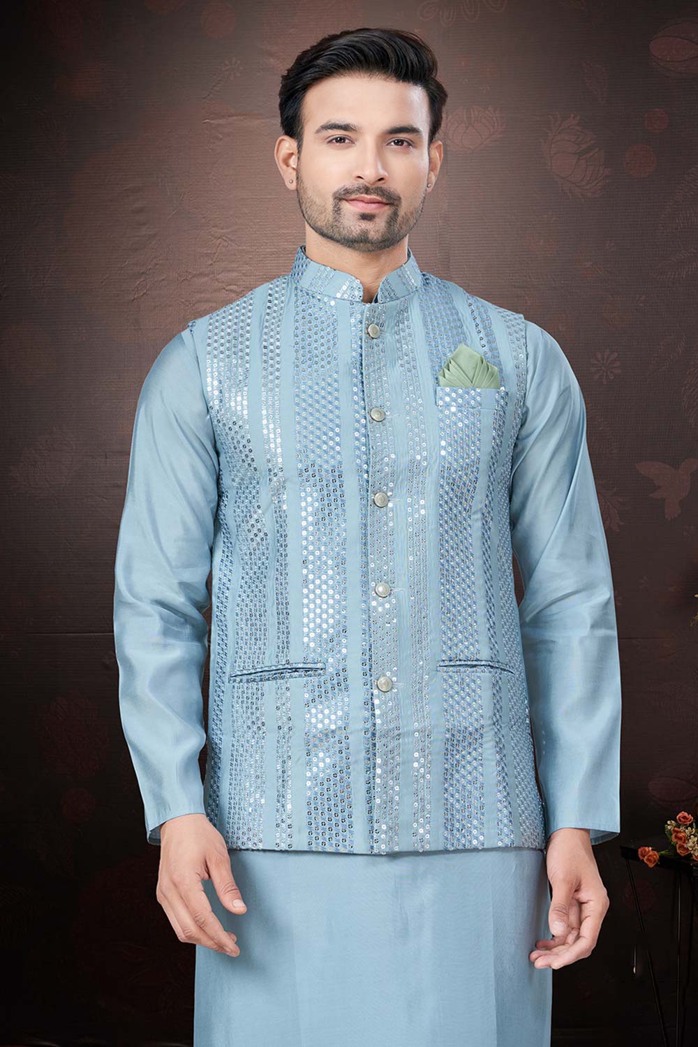 Sky Blue Silk Mirror And Embroidered 3 Pcs Jacket Set