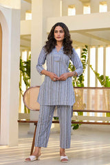 Blue Striped Print Cotton Co-Ord Sets