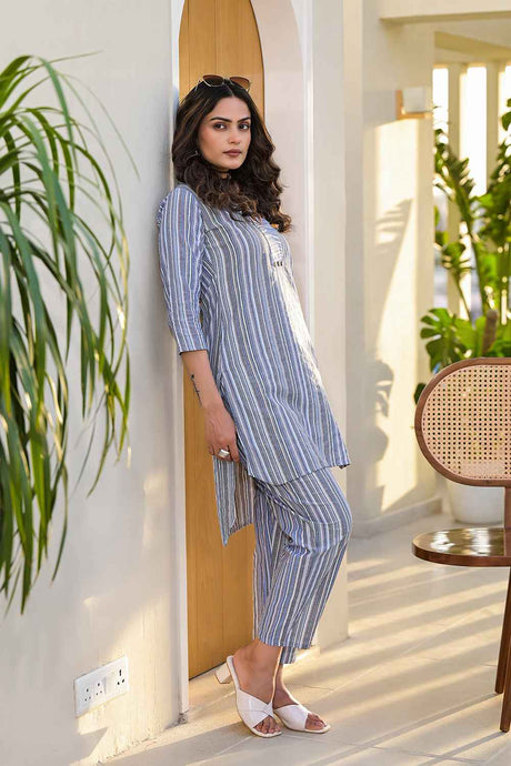 Blue Striped Print Cotton Co-Ord Sets