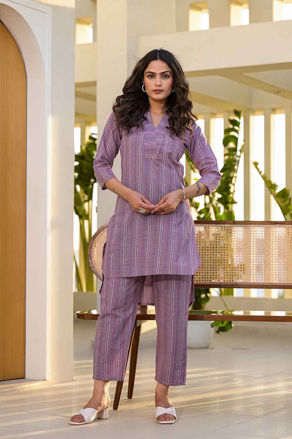 Violet Striped Print Cotton Co-Ord Sets