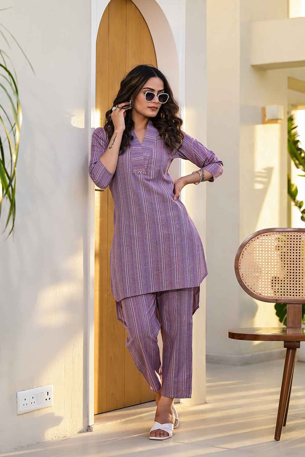 Violet Striped Print Cotton Co-Ord Sets