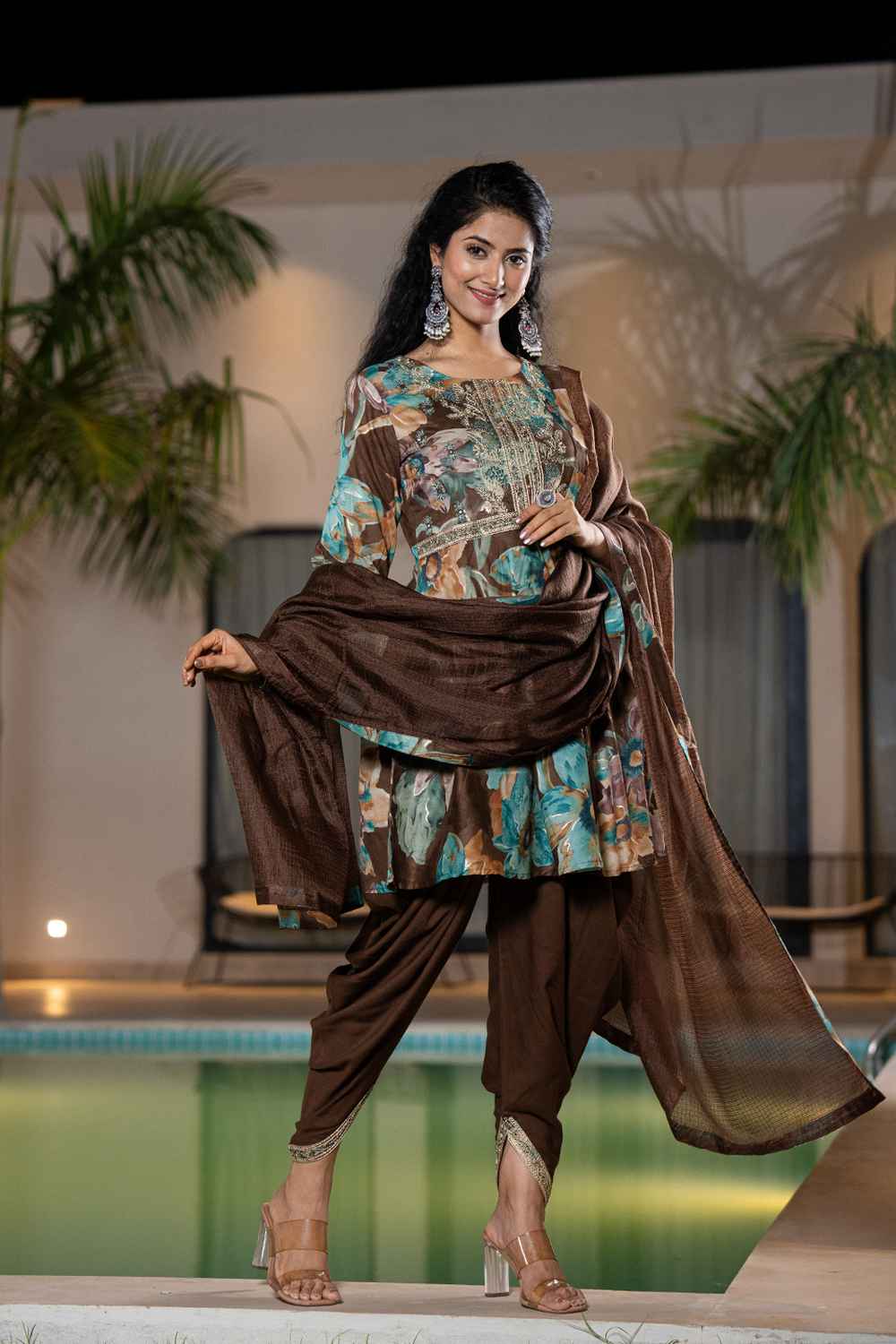 Brown Floral Print Zari Work Pure Cotton Kurti Set