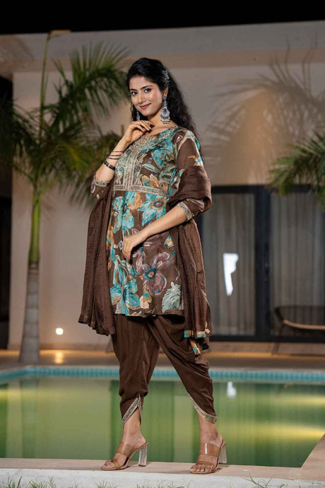 Brown Floral Print Zari Work Pure Cotton Kurti Set