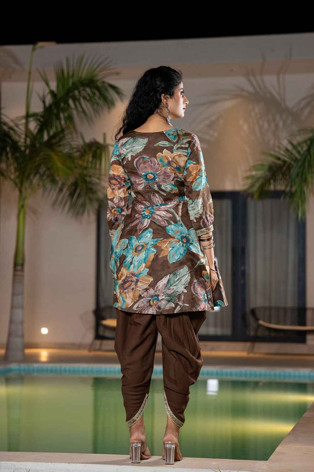 Brown Floral Print Zari Work Pure Cotton Kurti Set