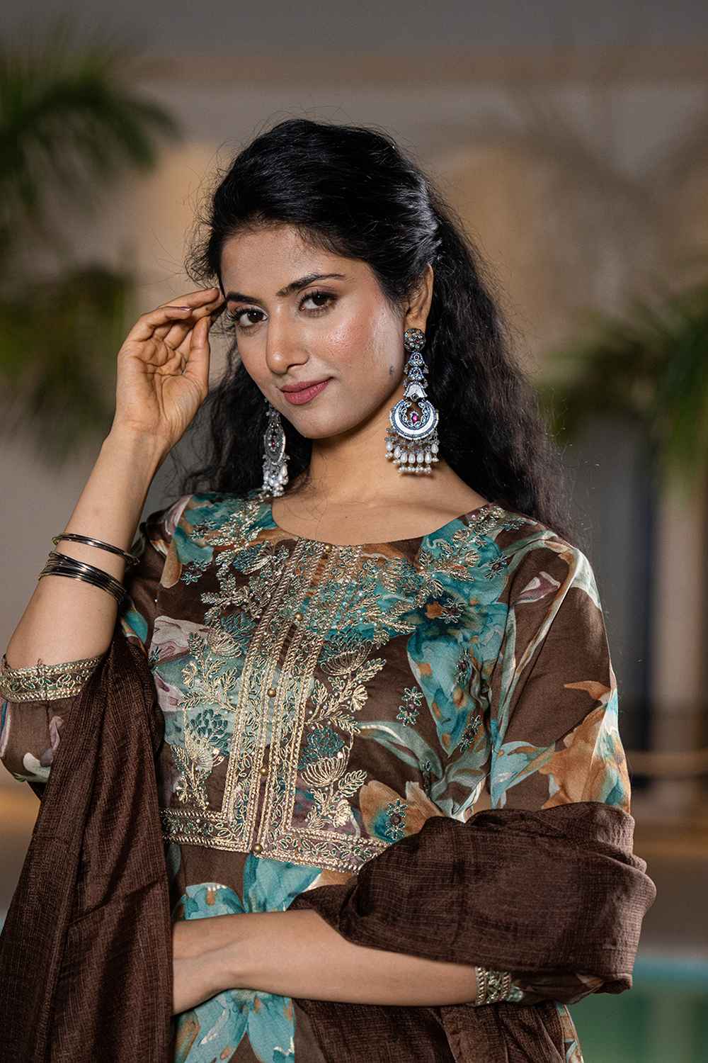 Brown Floral Print Zari Work Pure Cotton Kurta Set