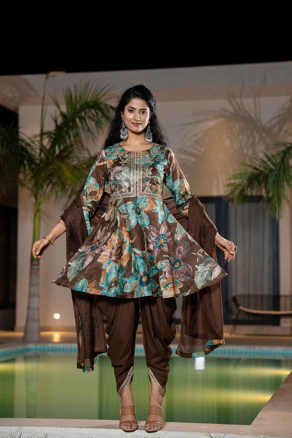 Brown Floral Print Zari Work Pure Cotton Kurti Set