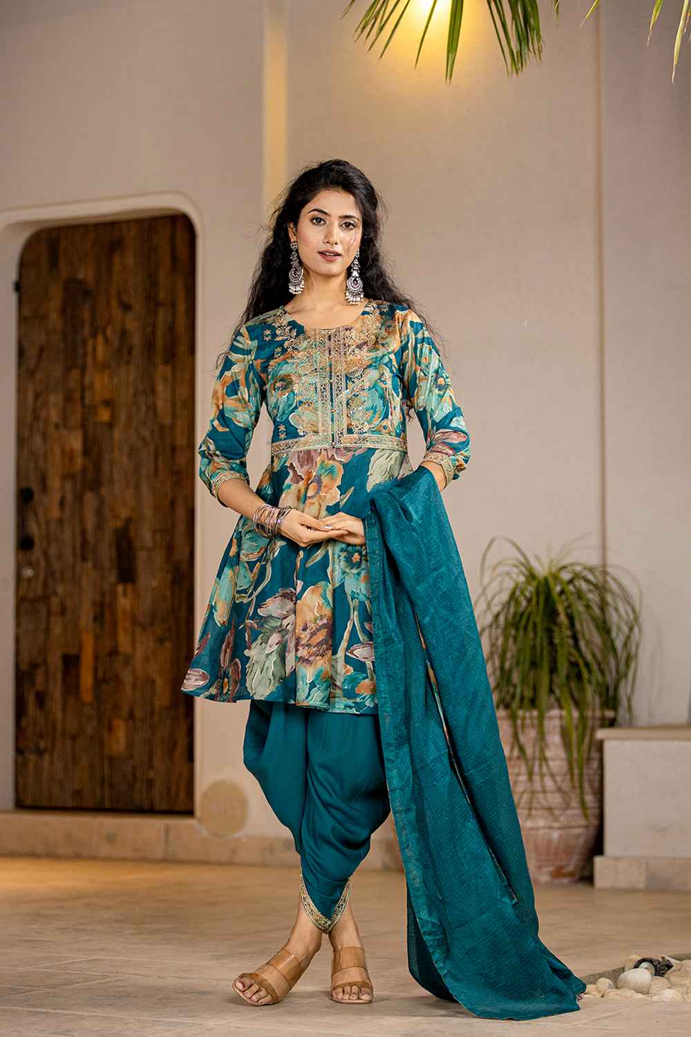 Turquoise Floral Print Zari Work Pure Cotton Kurti Set