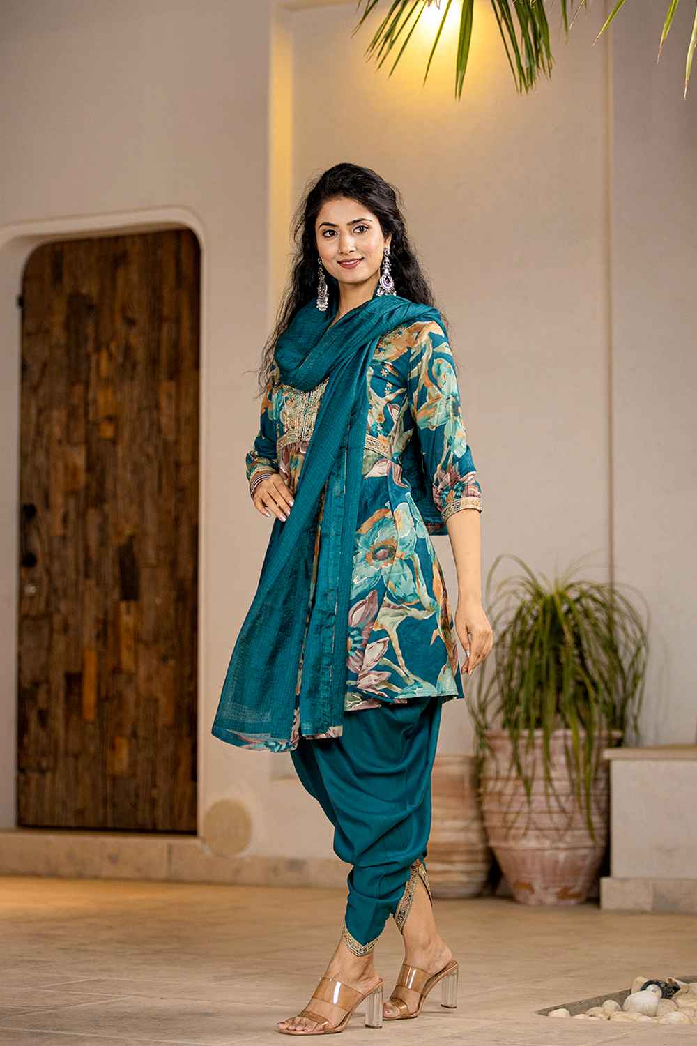 Turquoise Floral Print Zari Work Pure Cotton Kurti Set