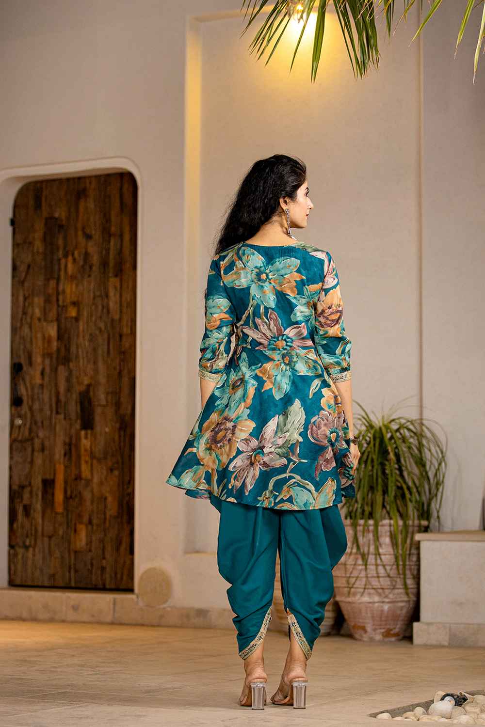 Turquoise Floral Print Zari Work Pure Cotton Kurti Set