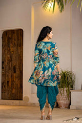 Turquoise Floral Print Zari Work Pure Cotton Kurti Set