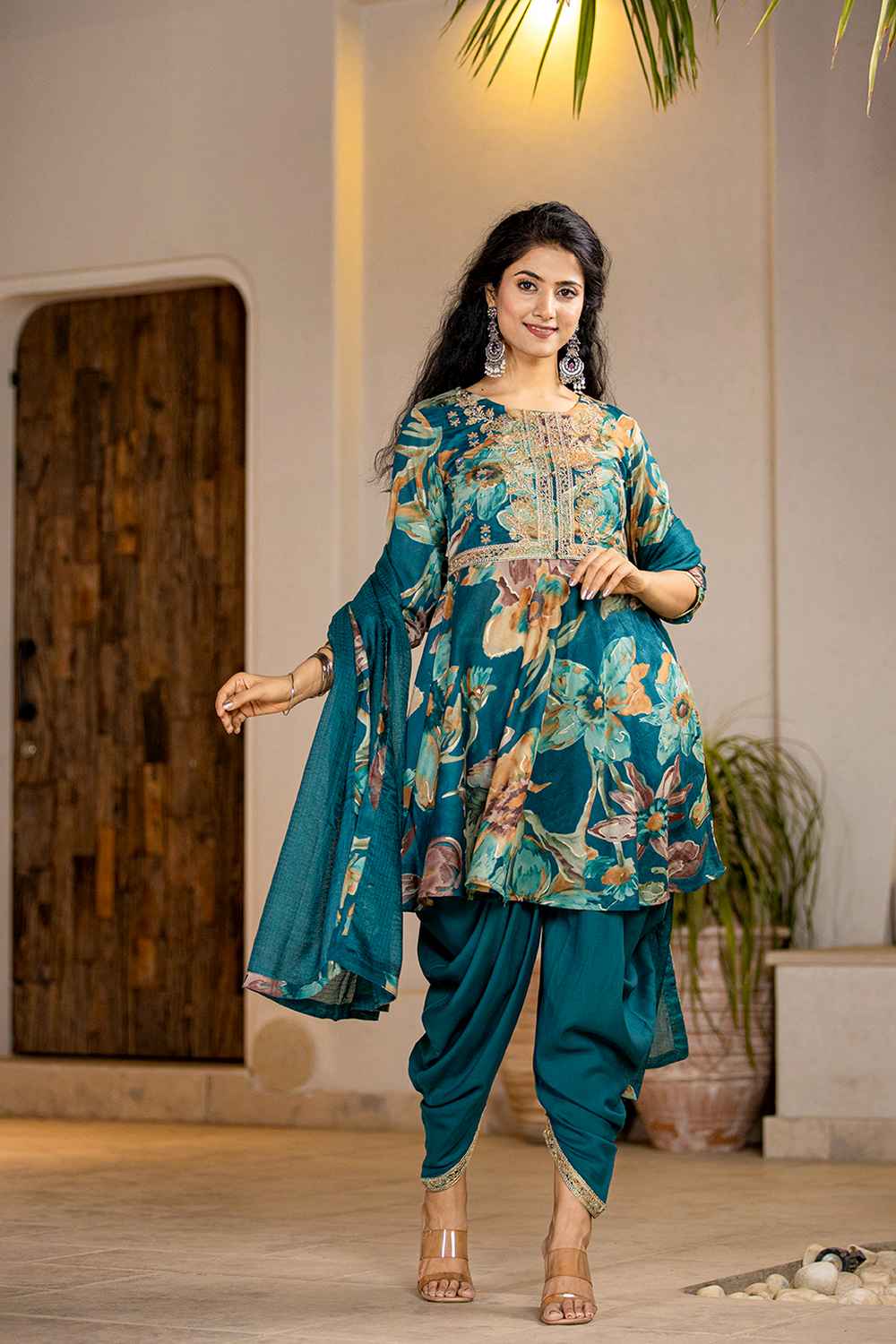 Turquoise Floral Print Zari Work Pure Cotton Kurti Set