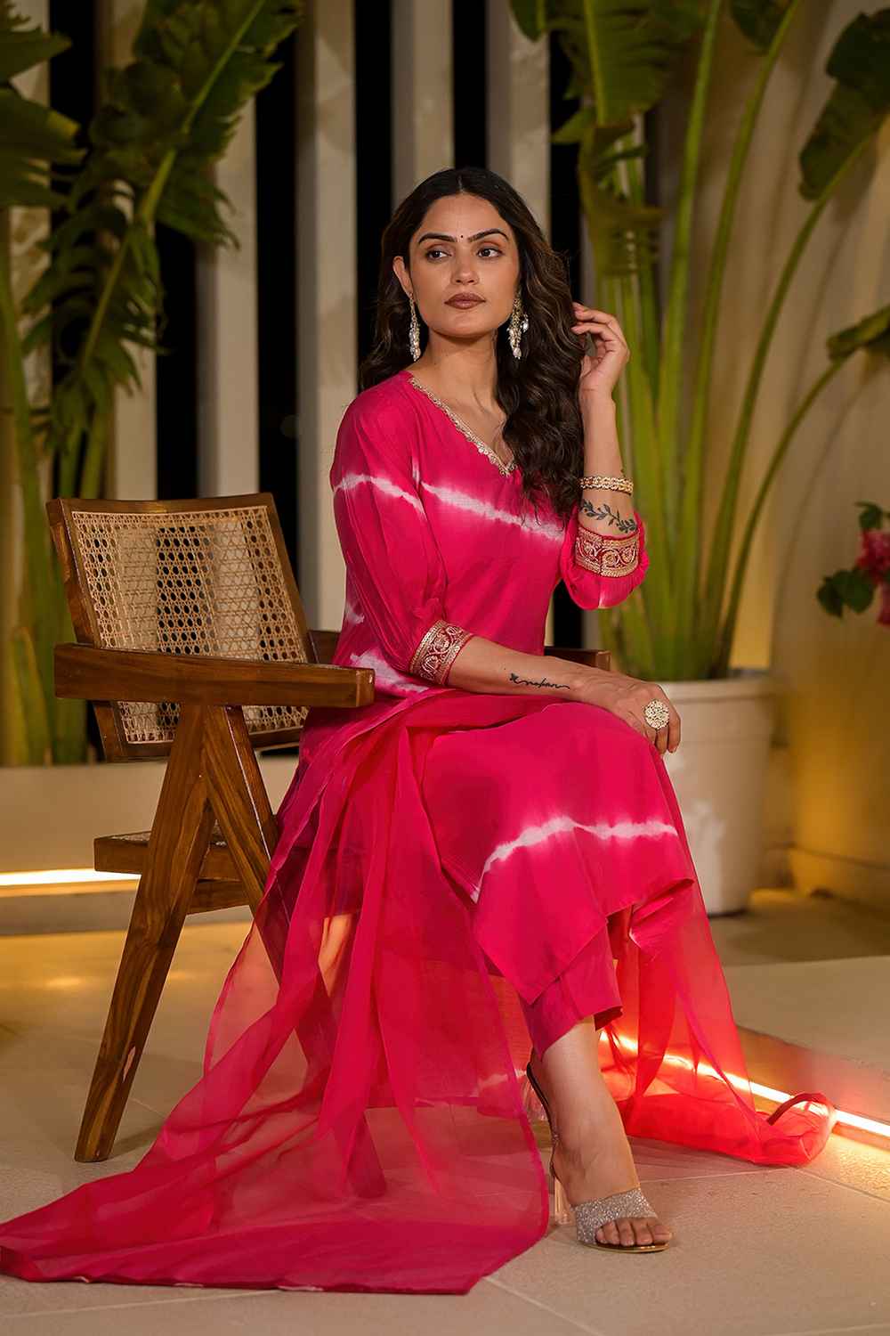 Pink Sequins Work Chanderi Silk Kurti Set