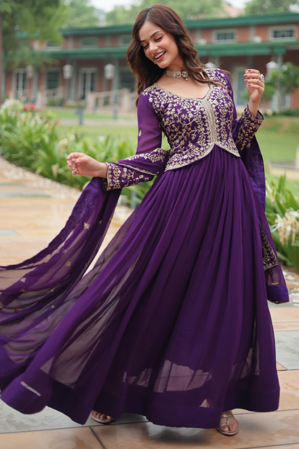 Purple Solid Embroidered Georgette Gown