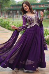 Purple Solid Embroidered Georgette Gown