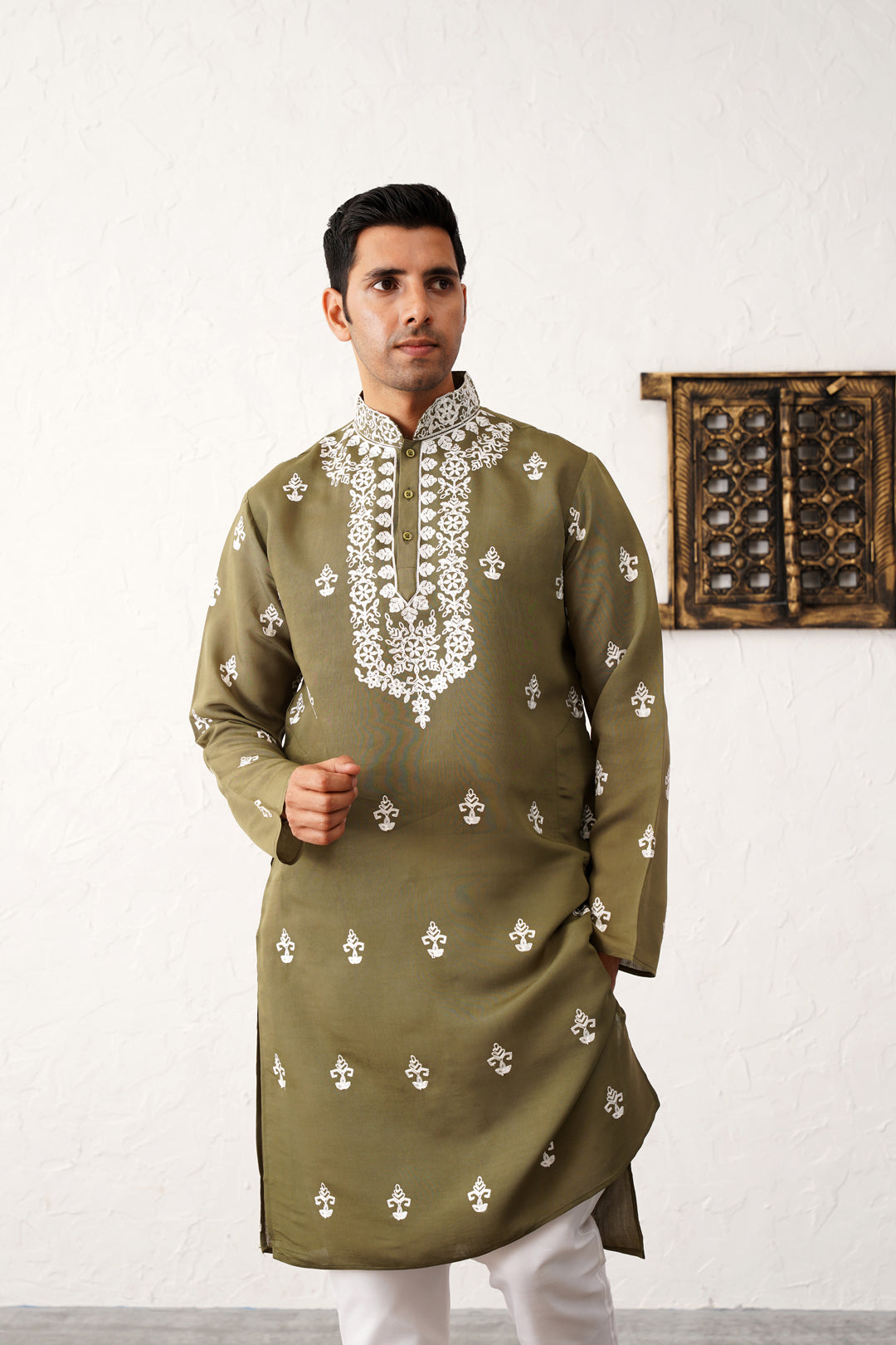 Olive Silk Embroidered Kurta Pajama Set