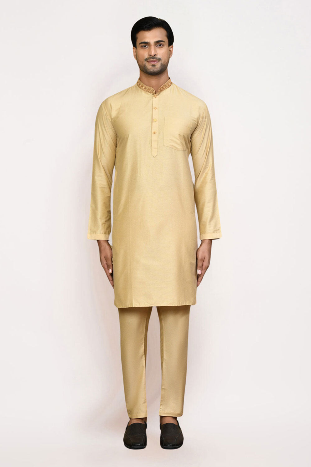 Men's Fawn Cotton Solid Kurta Pajama Set