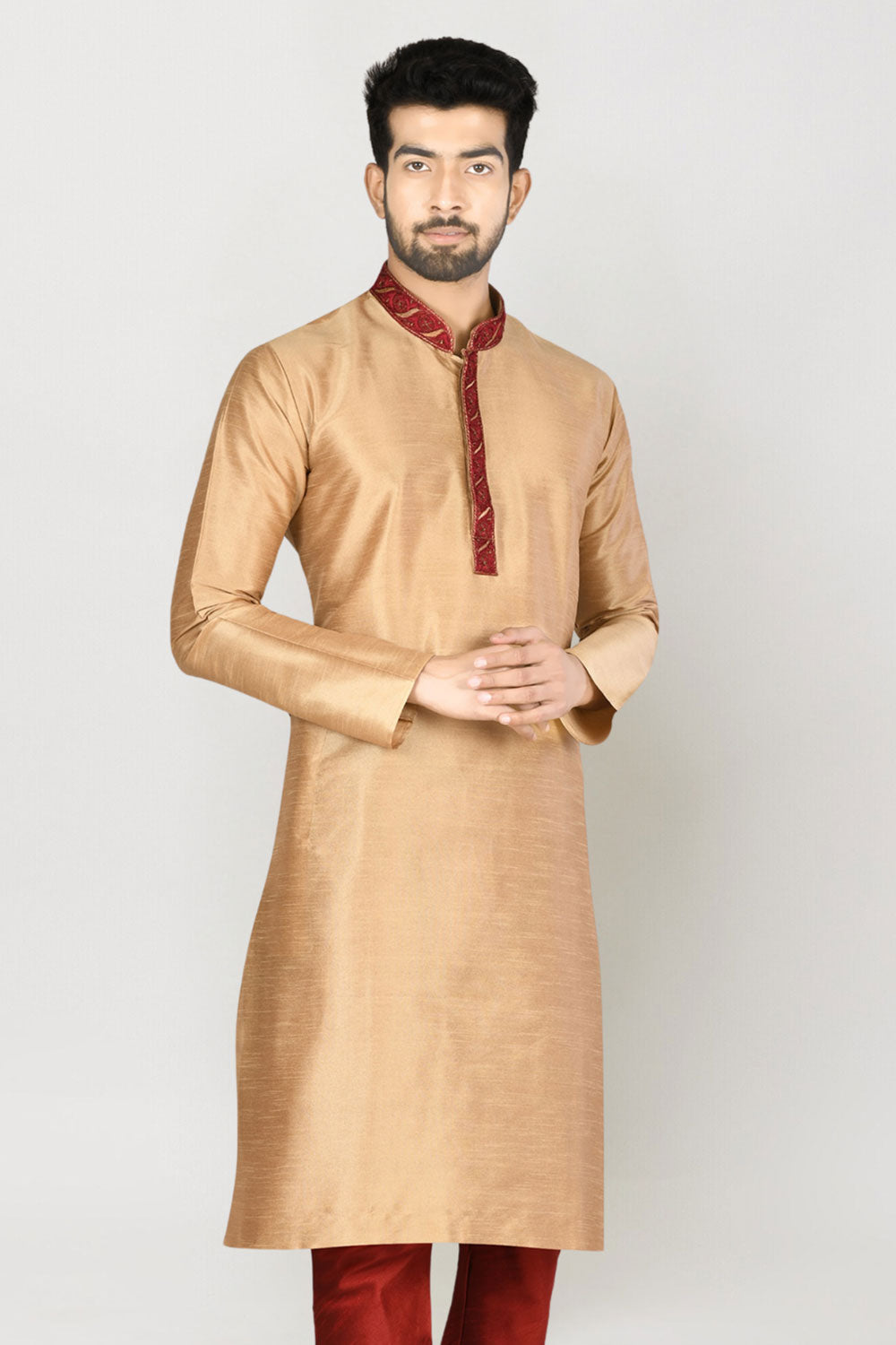 Men's Cream Art Silk Solid Kurta Pajama Set