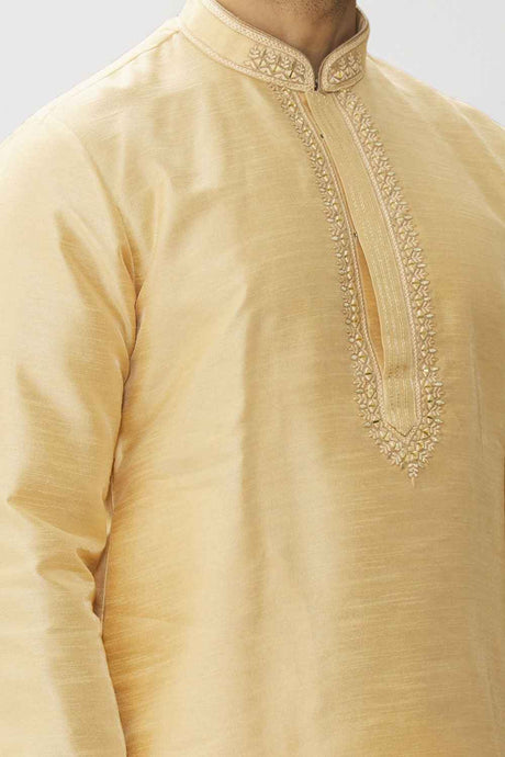 Men's Cream Art Silk Solid Kurta Pajama Set