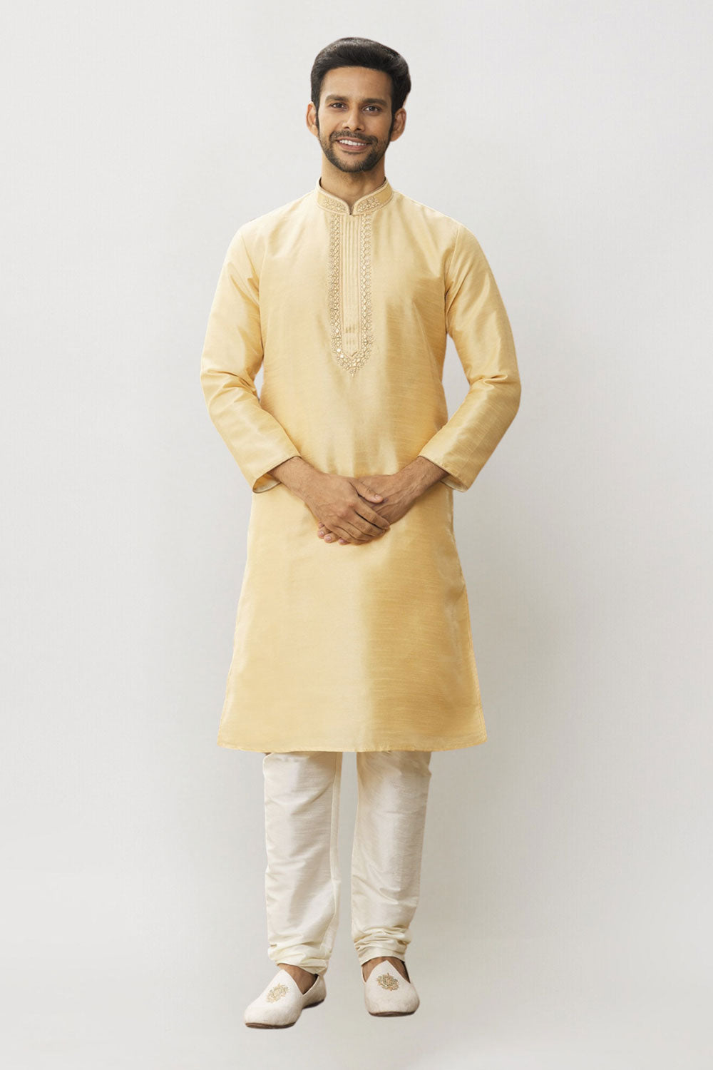 Men's Cream Art Silk Solid Kurta Pajama Set