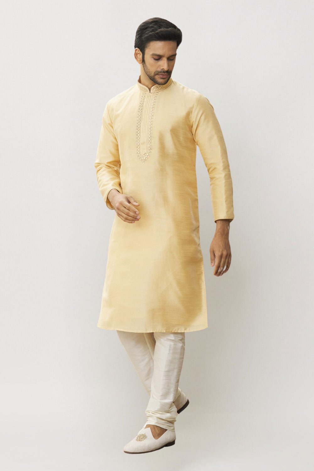 Men's Cream Art Silk Solid Kurta Pajama Set