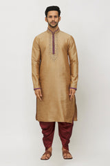 Men's Fawn Art Silk Solid Kurta Patiala Set