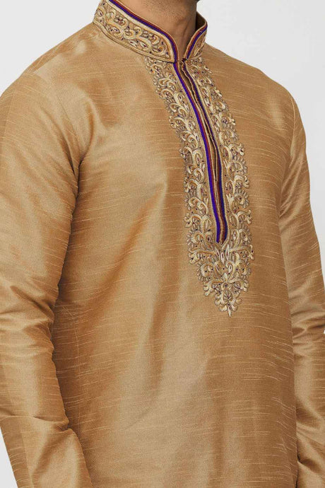 Men's Fawn Art Silk Solid Kurta Patiala Set