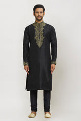 Men's Black Art Silk Solid Kurta Pajama Set