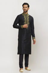 Men's Black Art Silk Solid Kurta Pajama Set