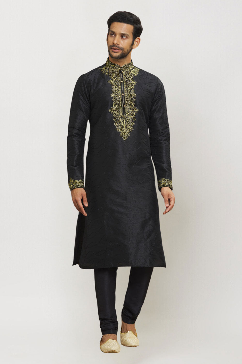 Men's Black Art Silk Solid Kurta Pajama Set