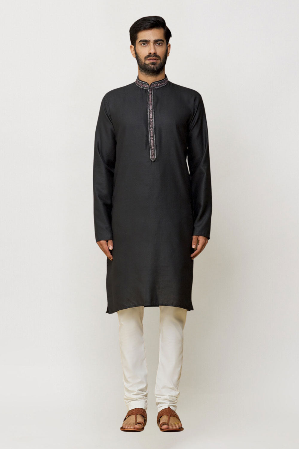 Men's Black Cotton Solid Kurta Pajama Set