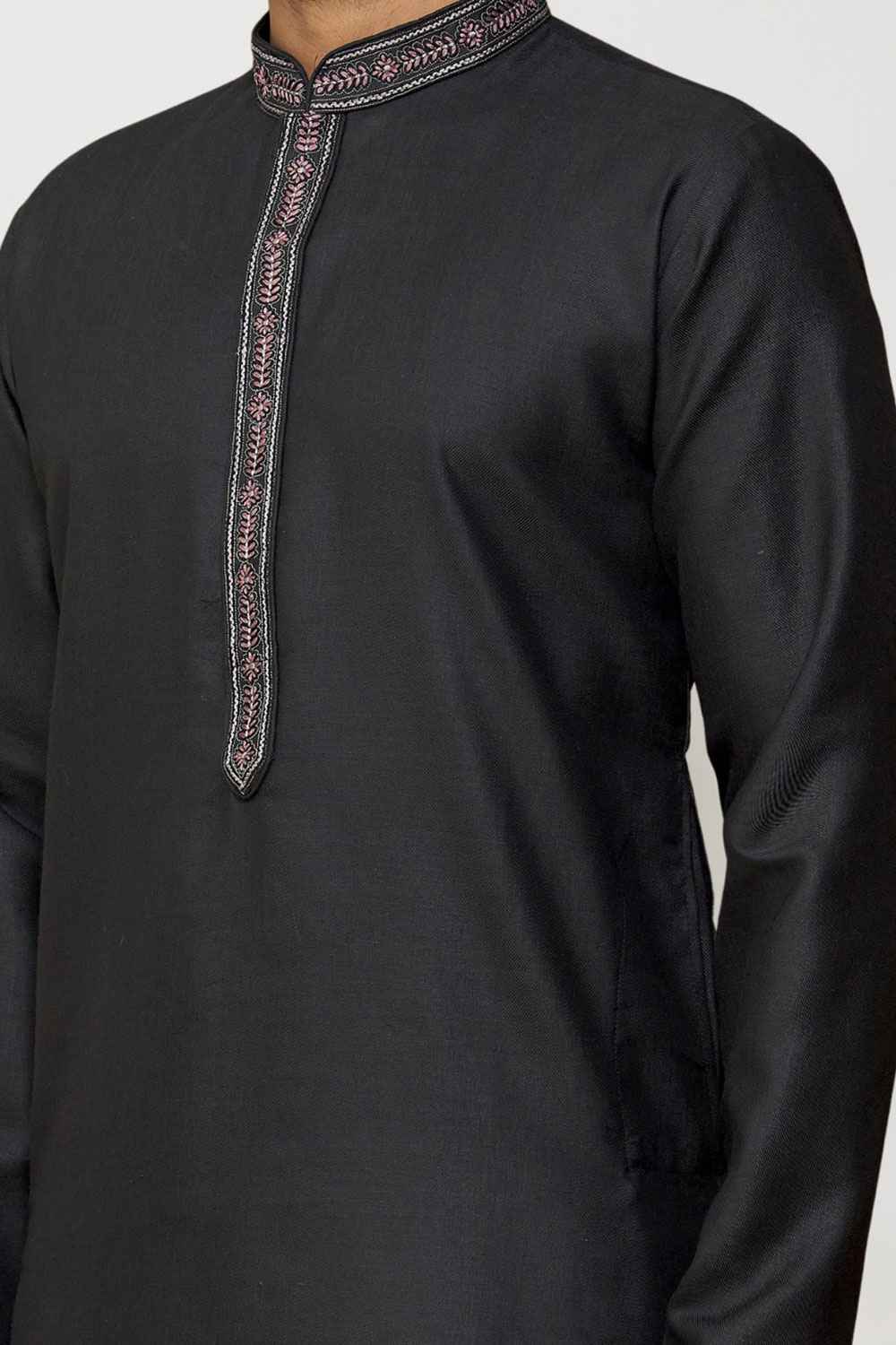 Men's Black Cotton Solid Kurta Pajama Set