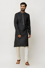 Men's Black Cotton Solid Kurta Pajama Set