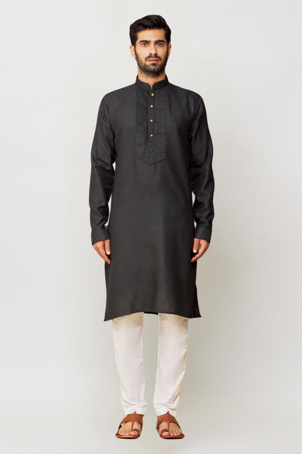 Men's Black Art Silk Solid Kurta Pajama Set