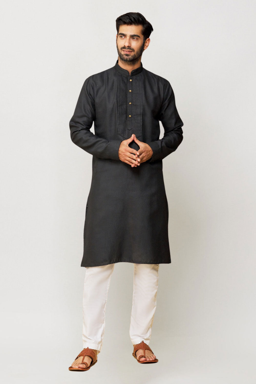 Men's Black Art Silk Solid Kurta Pajama Set