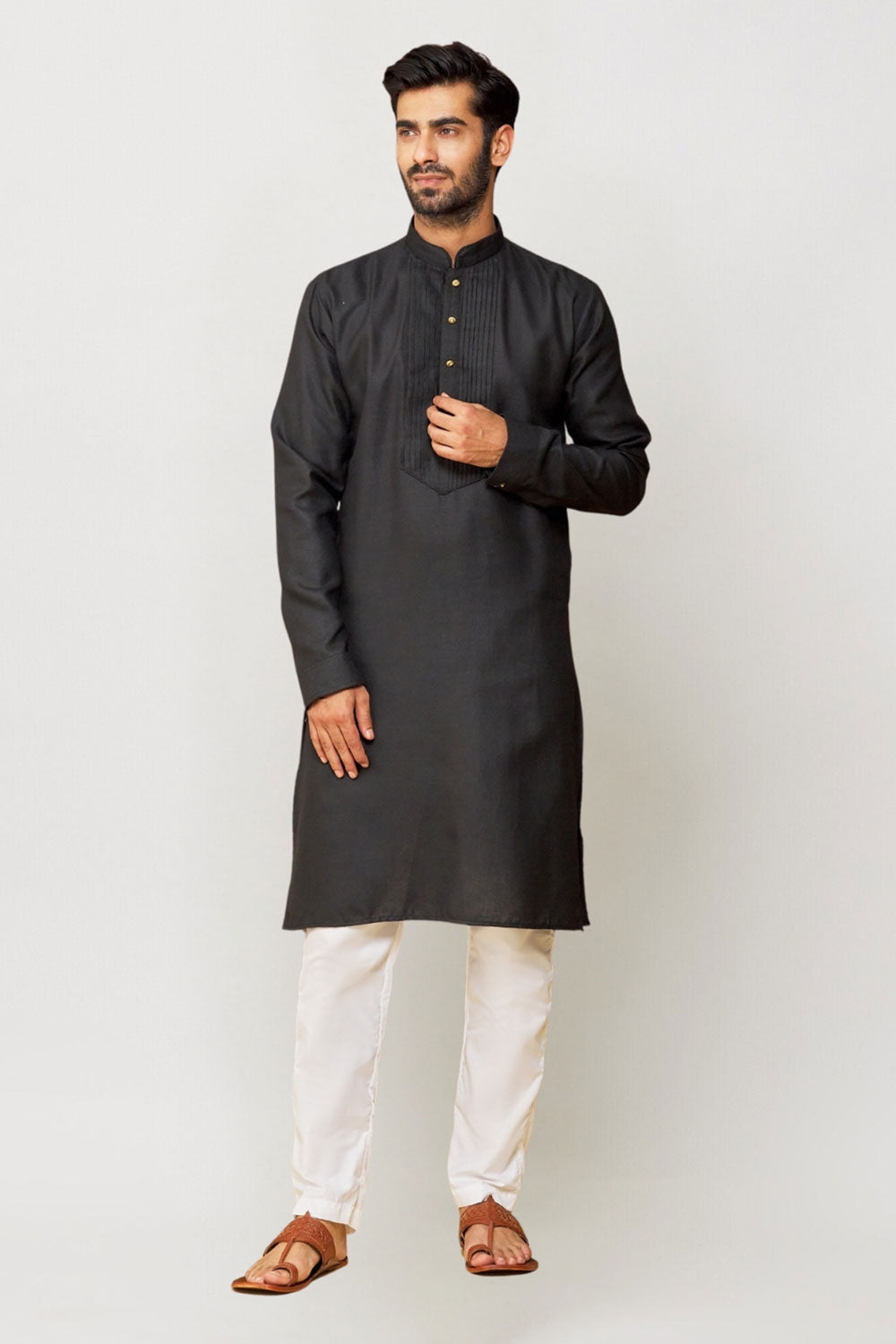 Men's Black Art Silk Solid Kurta Pajama Set