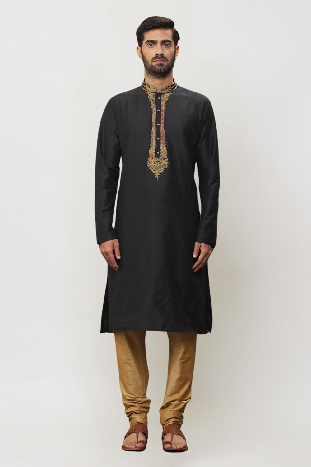 Men's Black Art Silk Solid Kurta Pajama Set