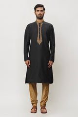 Men's Black Art Silk Solid Kurta Pajama Set