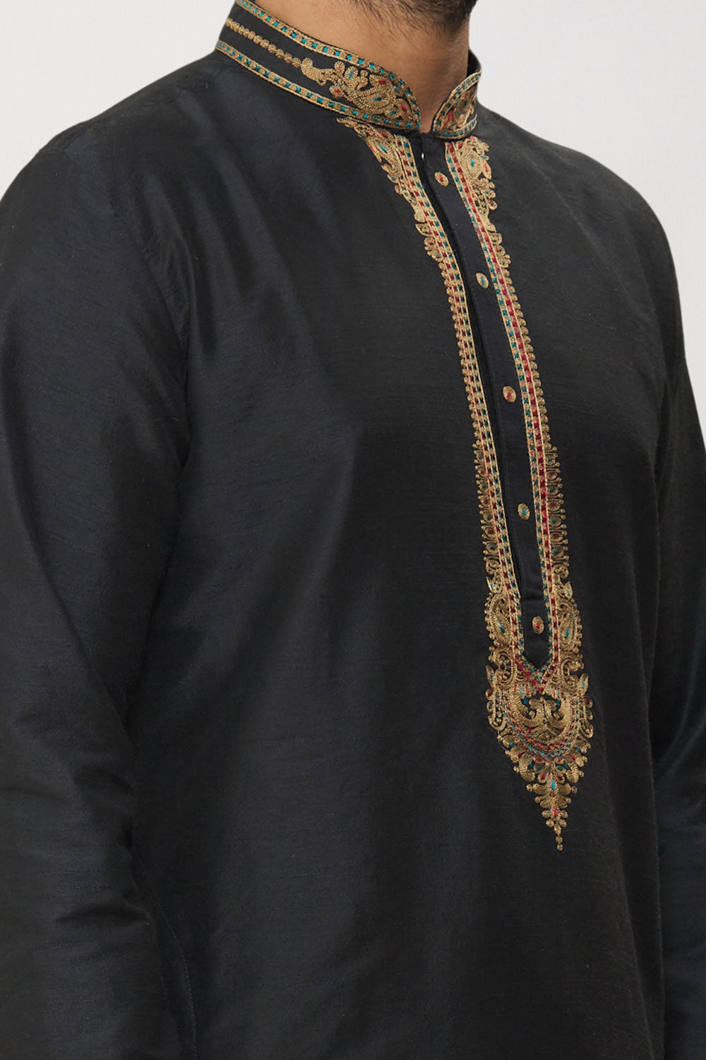 Men's Black Art Silk Solid Kurta Pajama Set