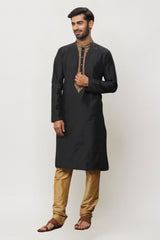 Men's Black Art Silk Solid Kurta Pajama Set