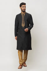 Men's Black Art Silk Solid Kurta Pajama Set