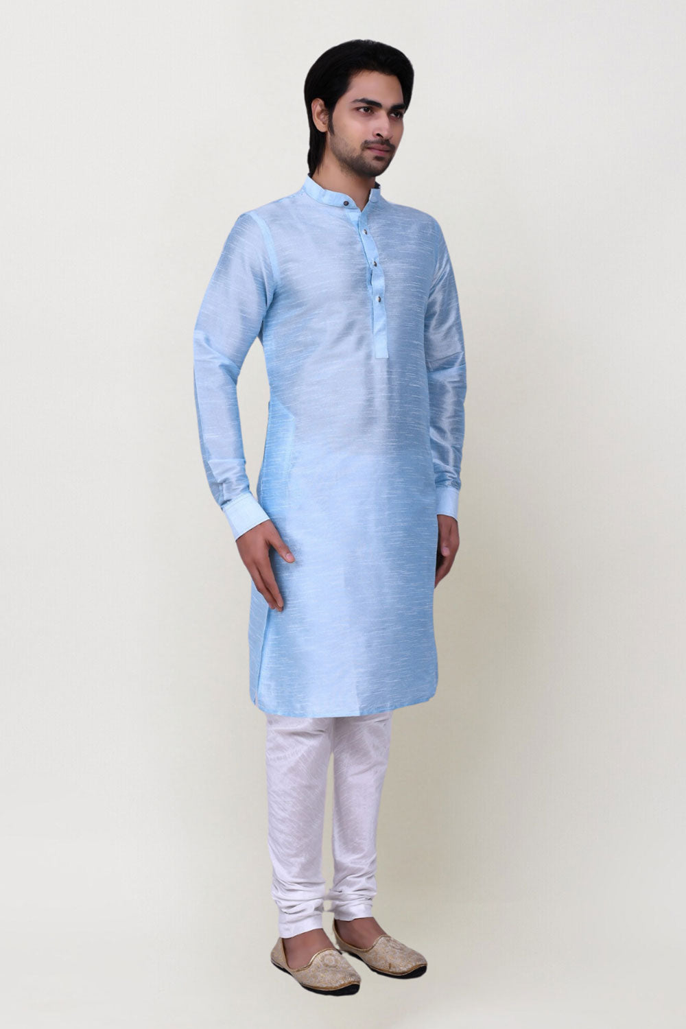 Men's Blue Art Silk Solid Kurta Pajama Set