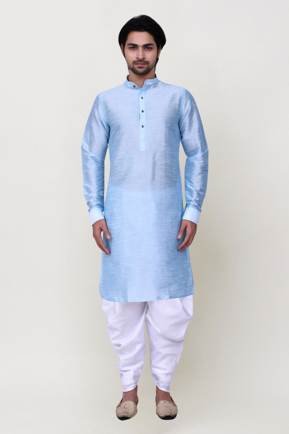 Men's Blue Art Silk Solid Kurta Patiala Set