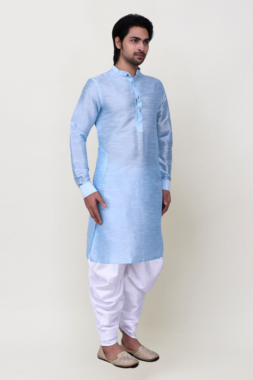 Men's Blue Art Silk Solid Kurta Patiala Set