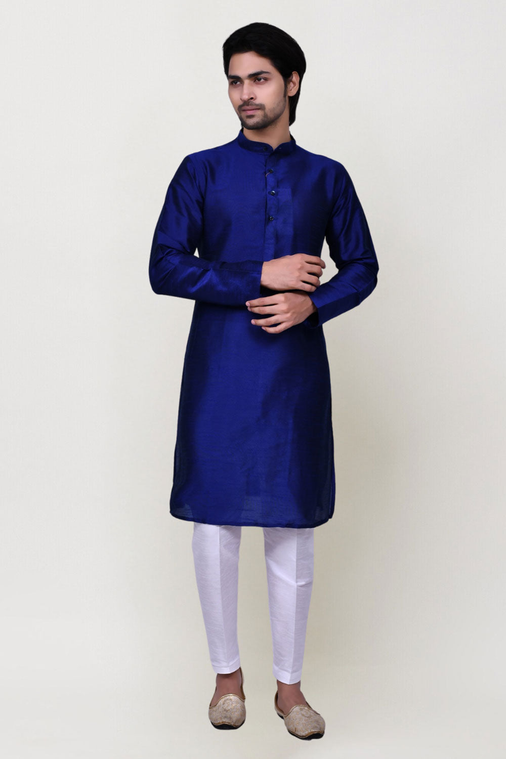 Men's Blue Art Silk Solid Kurta Pajama Set